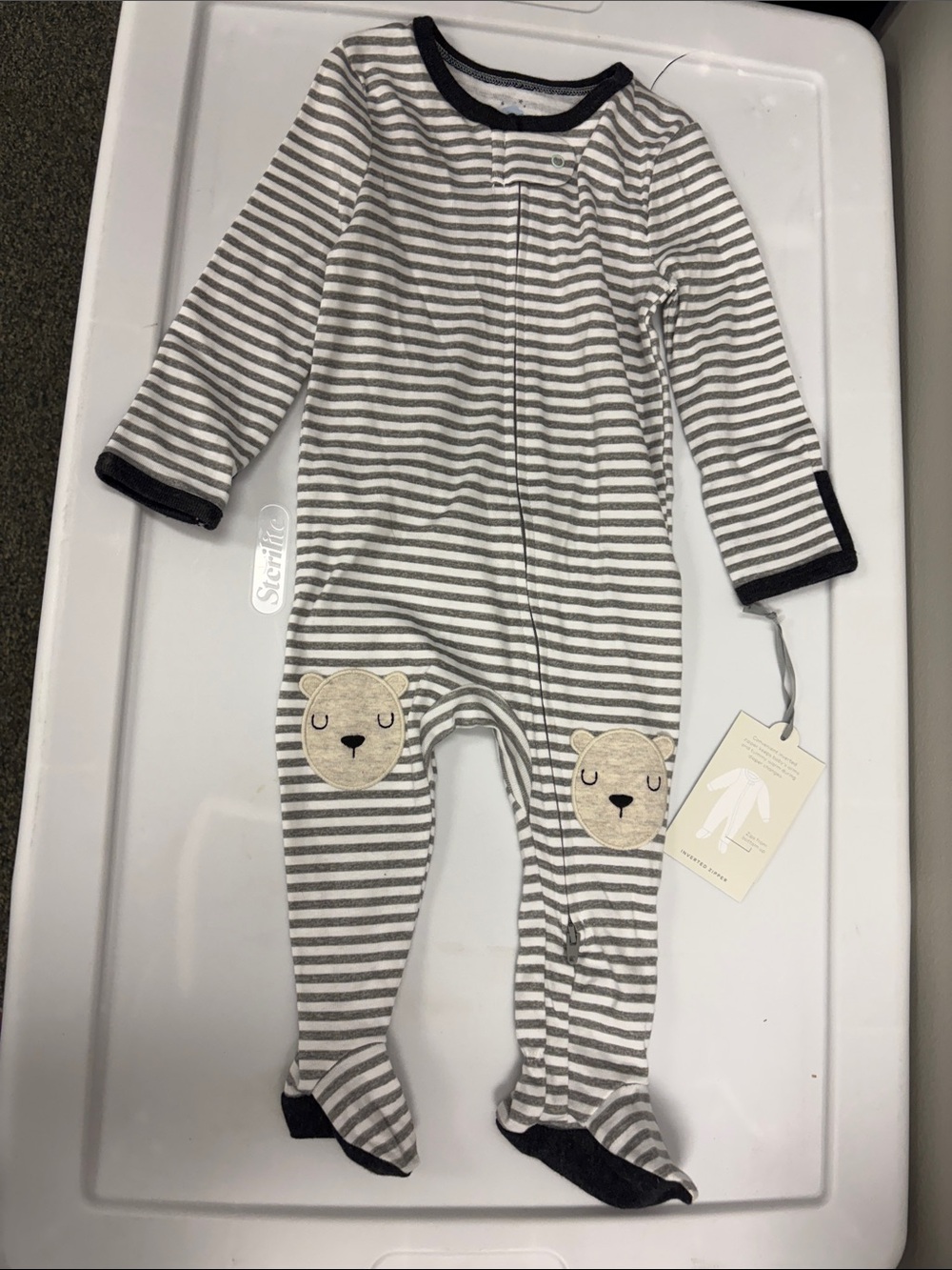 cloud island Gray & White Striped Bear Footed One-Piece